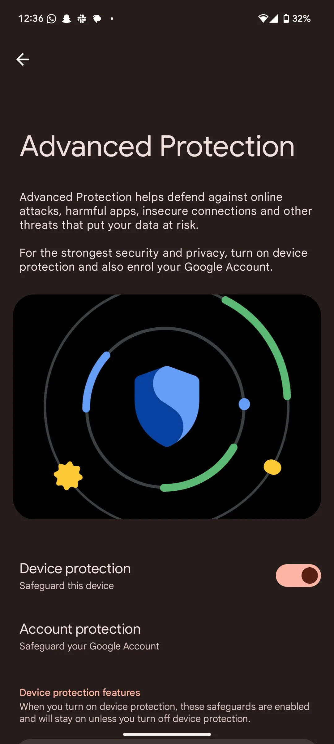 Giao diện tính năng Bảo vệ Nâng cao (Advanced Protection) trong cài đặt bảo mật Android 16