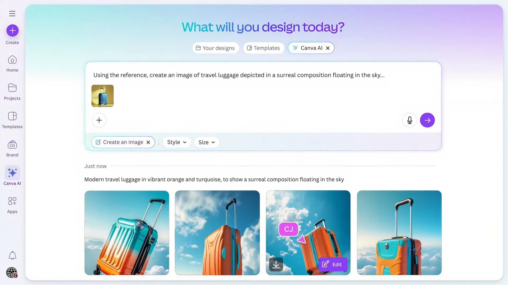 Giao diện tính năng Create an Image mới của Canva AI, tạo hình ảnh từ nội dung hiện có