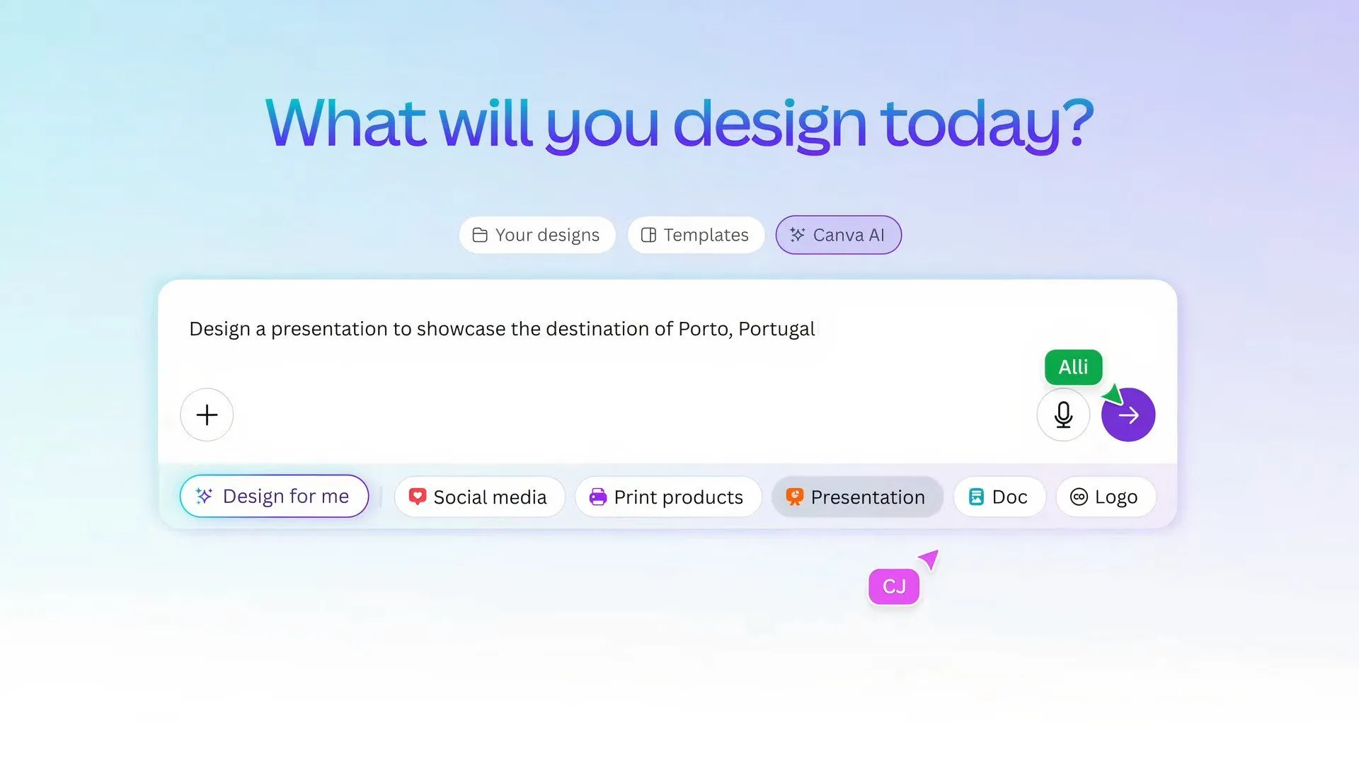 Giao diện tính năng Design for Me của Canva, cho phép tạo thiết kế AI tức thì từ mô tả