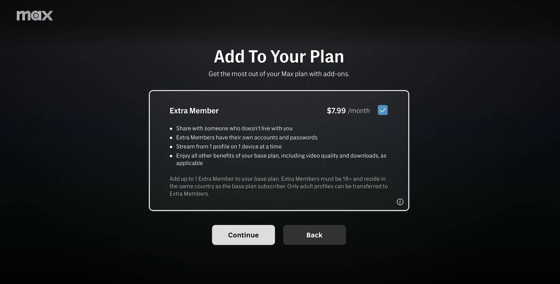 Giao diện tính năng Extra Member Add-On của Max cho phép thêm thành viên phụ