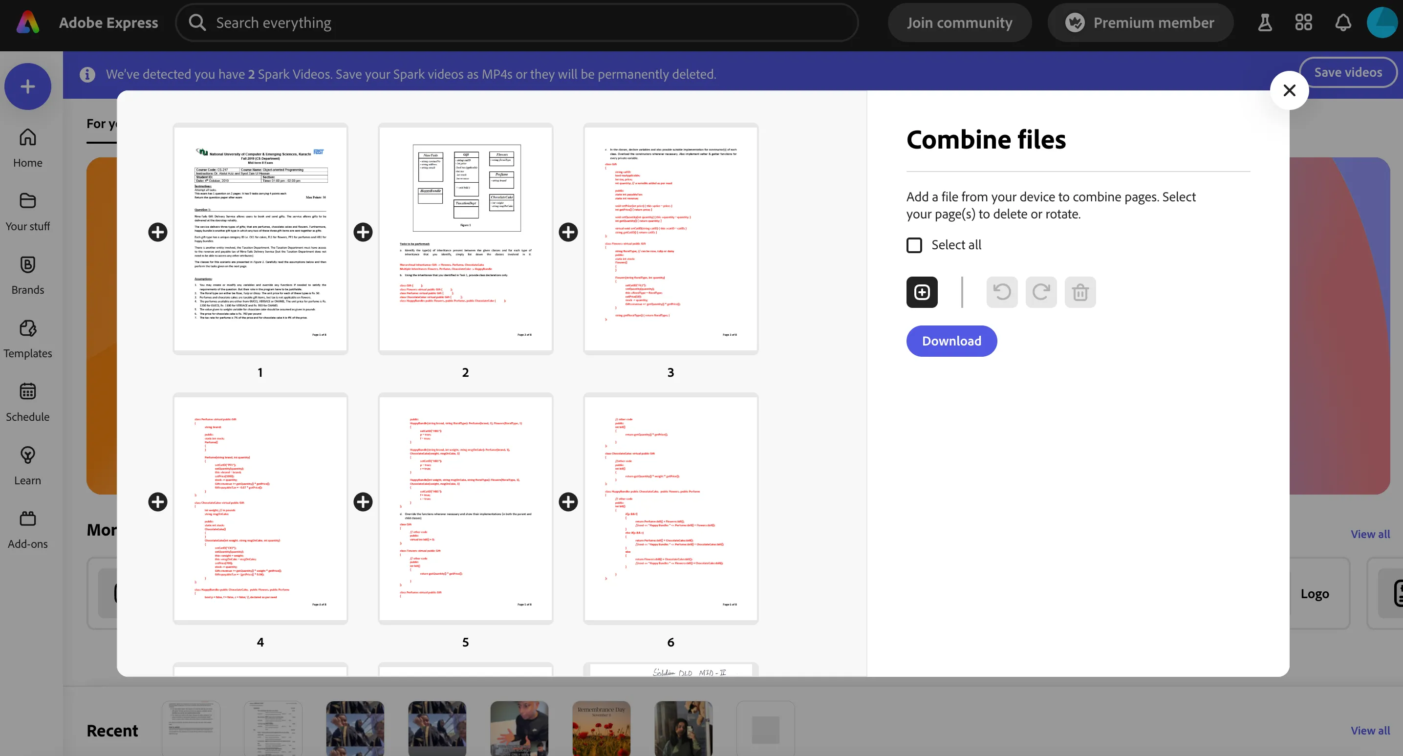 Giao diện tính năng Kết hợp Tệp (Combine Files) của Adobe Express, cho phép người dùng kéo thả hoặc tải lên nhiều loại tệp để hợp nhất thành một file PDF duy nhất.