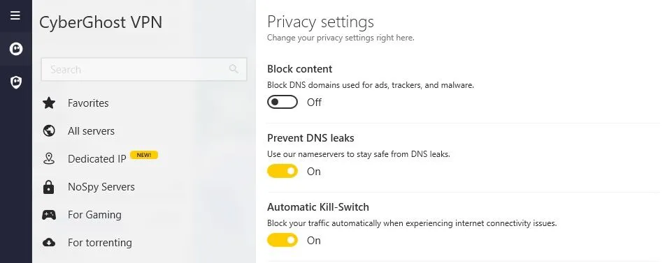 Giao diện tính năng Kill Switch của CyberGhost VPN, minh họa chức năng tự động ngắt kết nối internet khi VPN bị rớt, giúp bảo vệ dữ liệu người dùng khỏi rò rỉ.