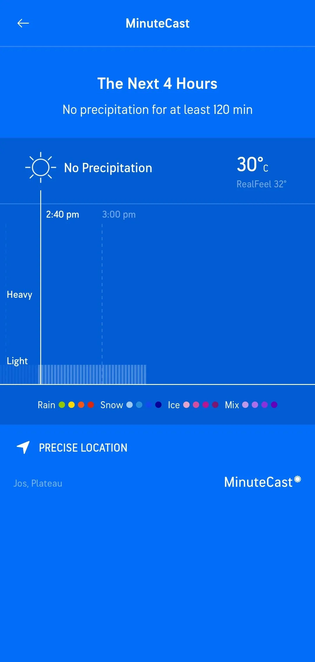 Giao diện tính năng MinuteCast của AccuWeather hiển thị dự báo không mưa trong 120 phút tới.