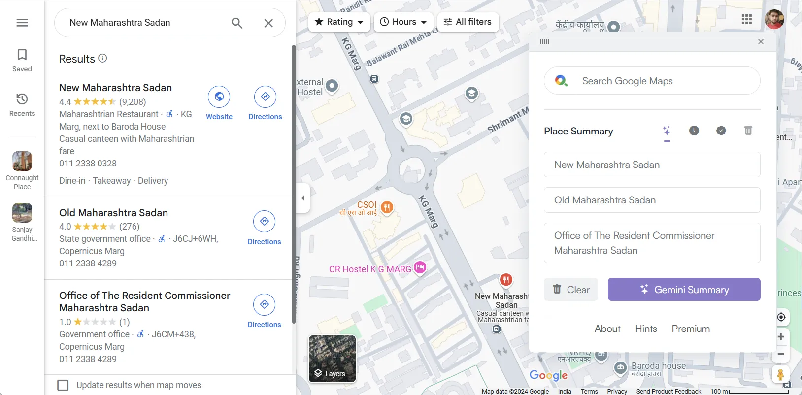 Giao diện tính năng Page Summary của tiện ích Maps Express giúp tóm tắt các vị trí quan trọng