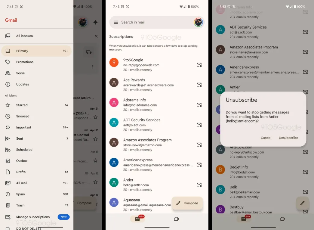 Giao diện tính năng Quản lý đăng ký mới trong ứng dụng Gmail, hiển thị danh sách các bản tin và tùy chọn hủy đăng ký nhanh chóng