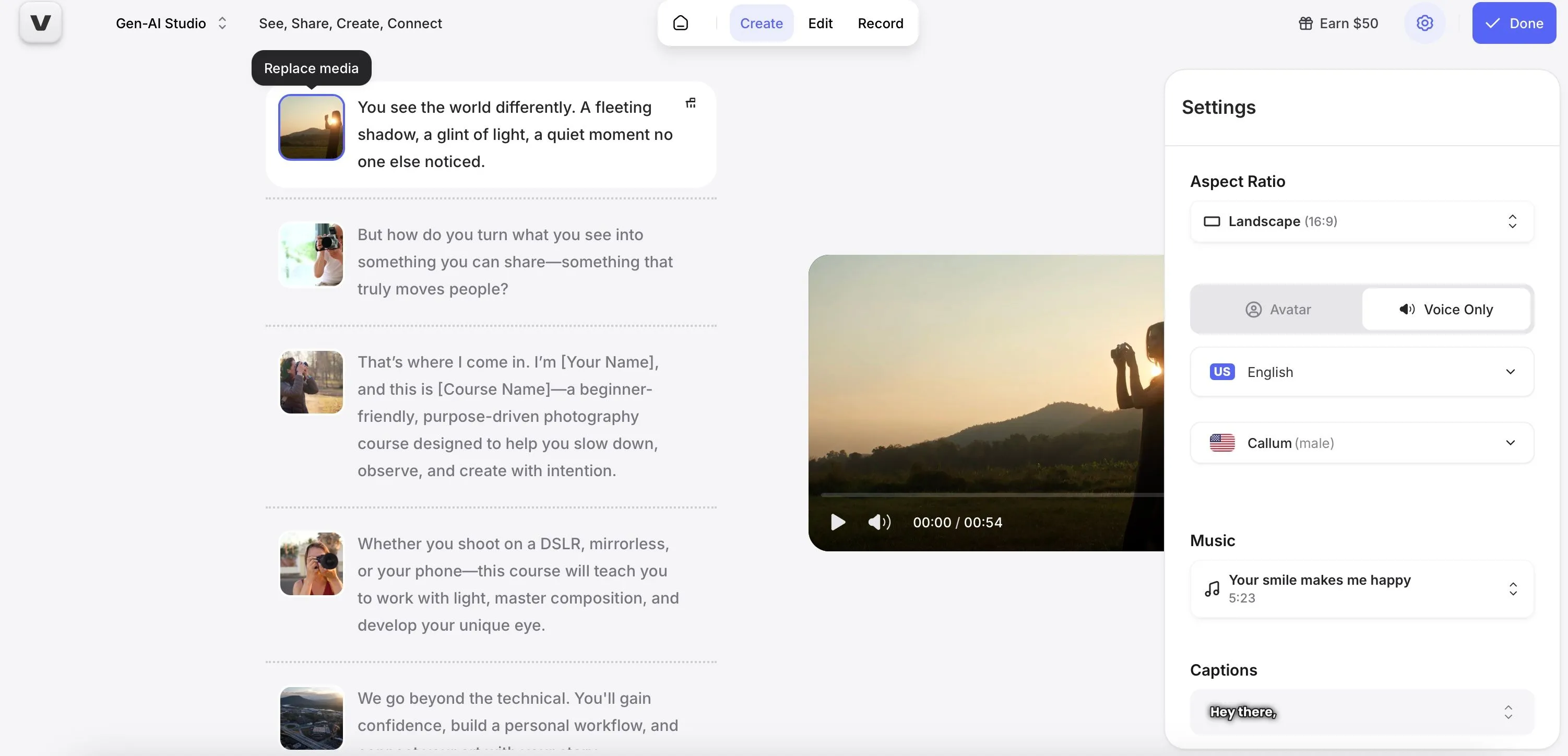 Giao diện tính năng tạo video quảng cáo tự động trên Veed.io, hiển thị các tùy chọn thiết lập cho video.
