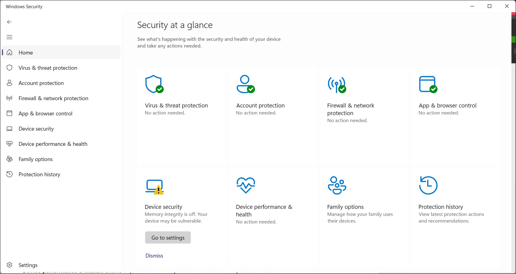 Giao diện tổng quan các tính năng bảo mật của Windows Security trên Windows 11