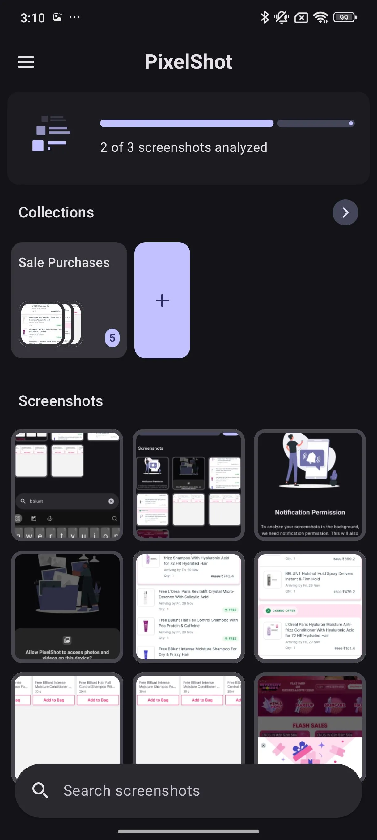 Giao diện tổng quan của ứng dụng PixelShot trên Android, cho thấy khả năng tổ chức và truy cập các ảnh chụp màn hình đã phân tích.