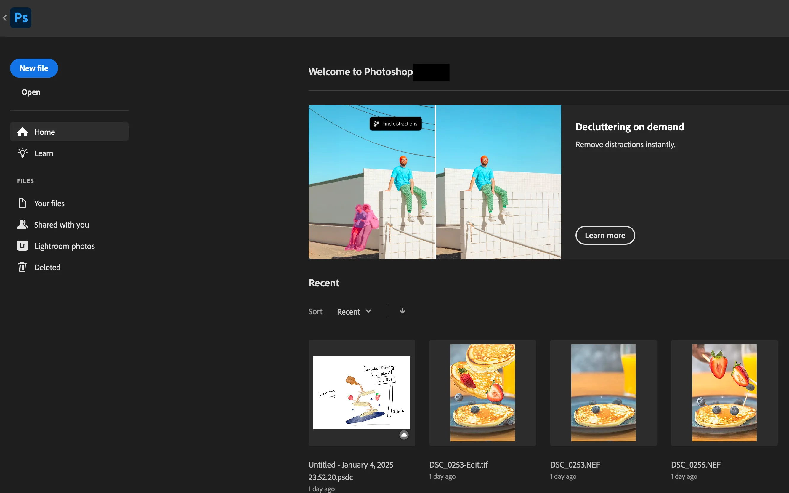 Giao diện trang chủ Adobe Photoshop với các dự án gần đây và tùy chọn tạo mới