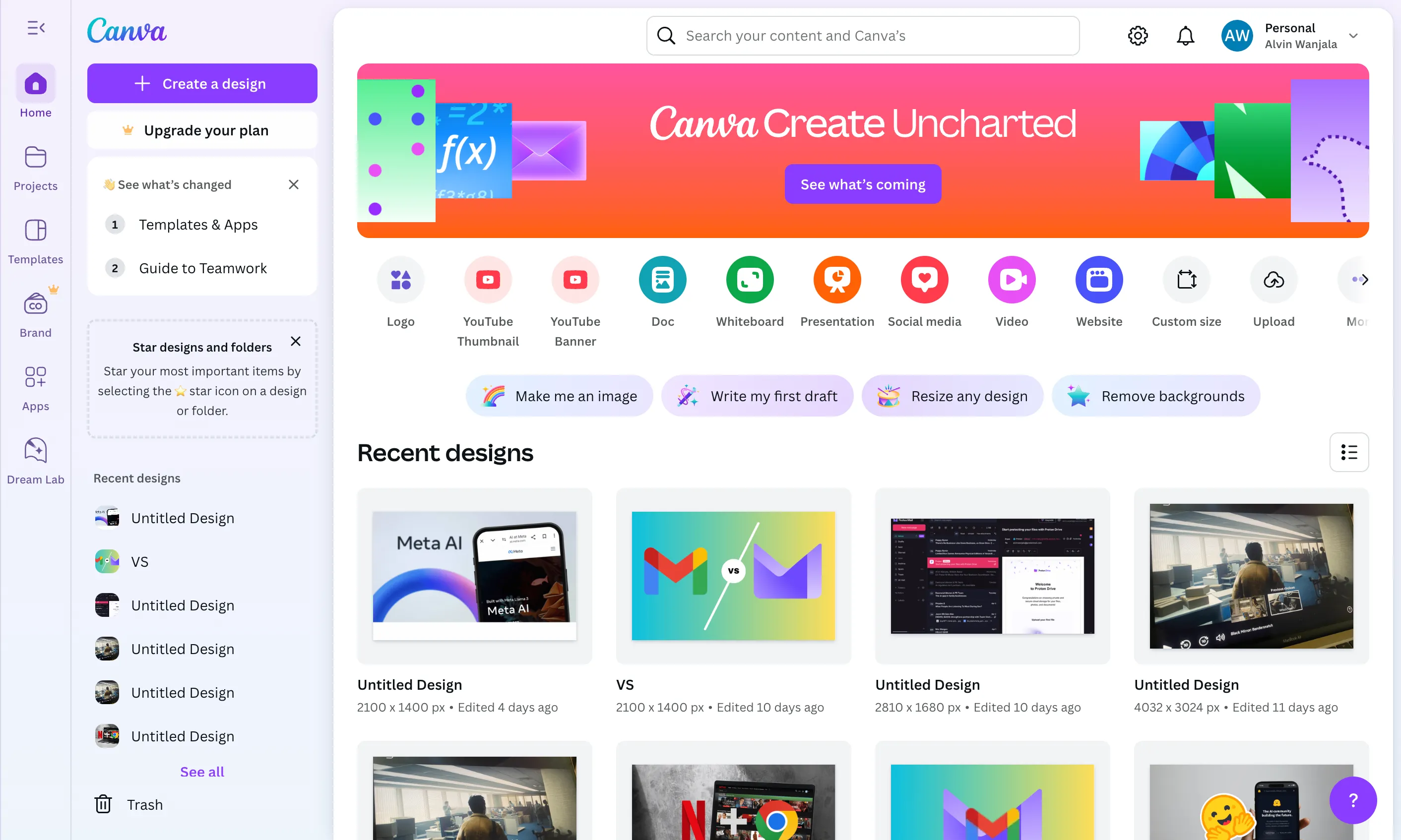 Giao diện trang chủ Canva khi đăng nhập, hiển thị các tùy chọn thiết kế và dự án gần đây