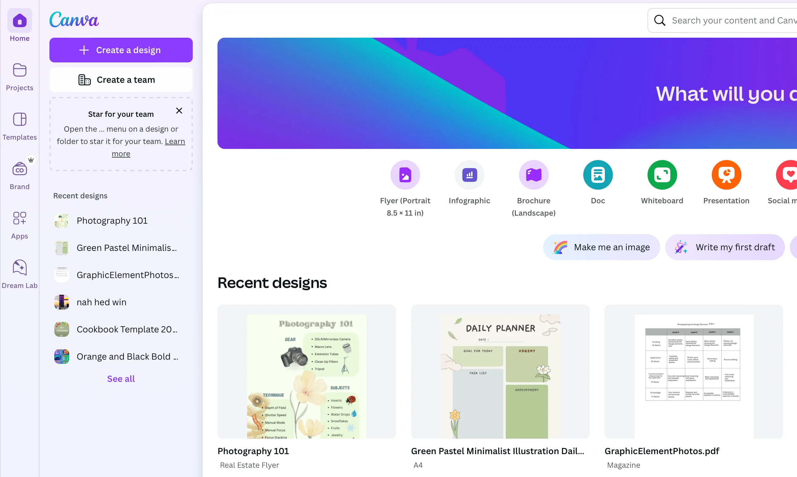 Giao diện trang chủ Canva với các gợi ý thiết kế và tính năng