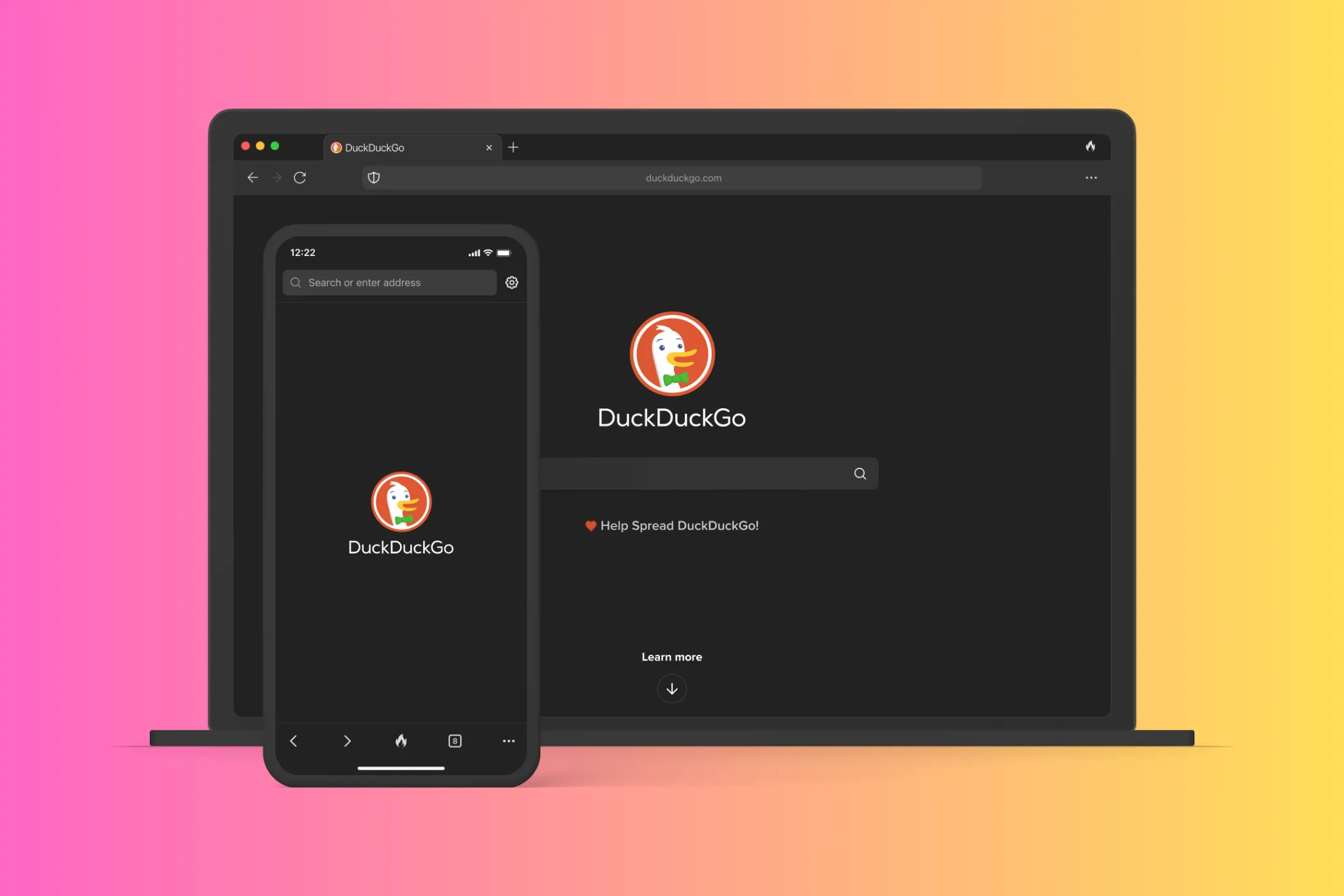 Giao diện trang chủ của trình duyệt DuckDuckGo hiển thị trên cả laptop và thiết bị di động, nổi bật các tính năng bảo vệ quyền riêng tư.