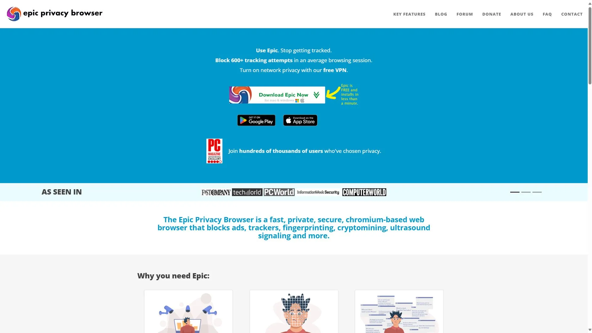 Giao diện trang chủ của trình duyệt Epic Privacy Browser, thể hiện khả năng bảo vệ quyền riêng tư người dùng.