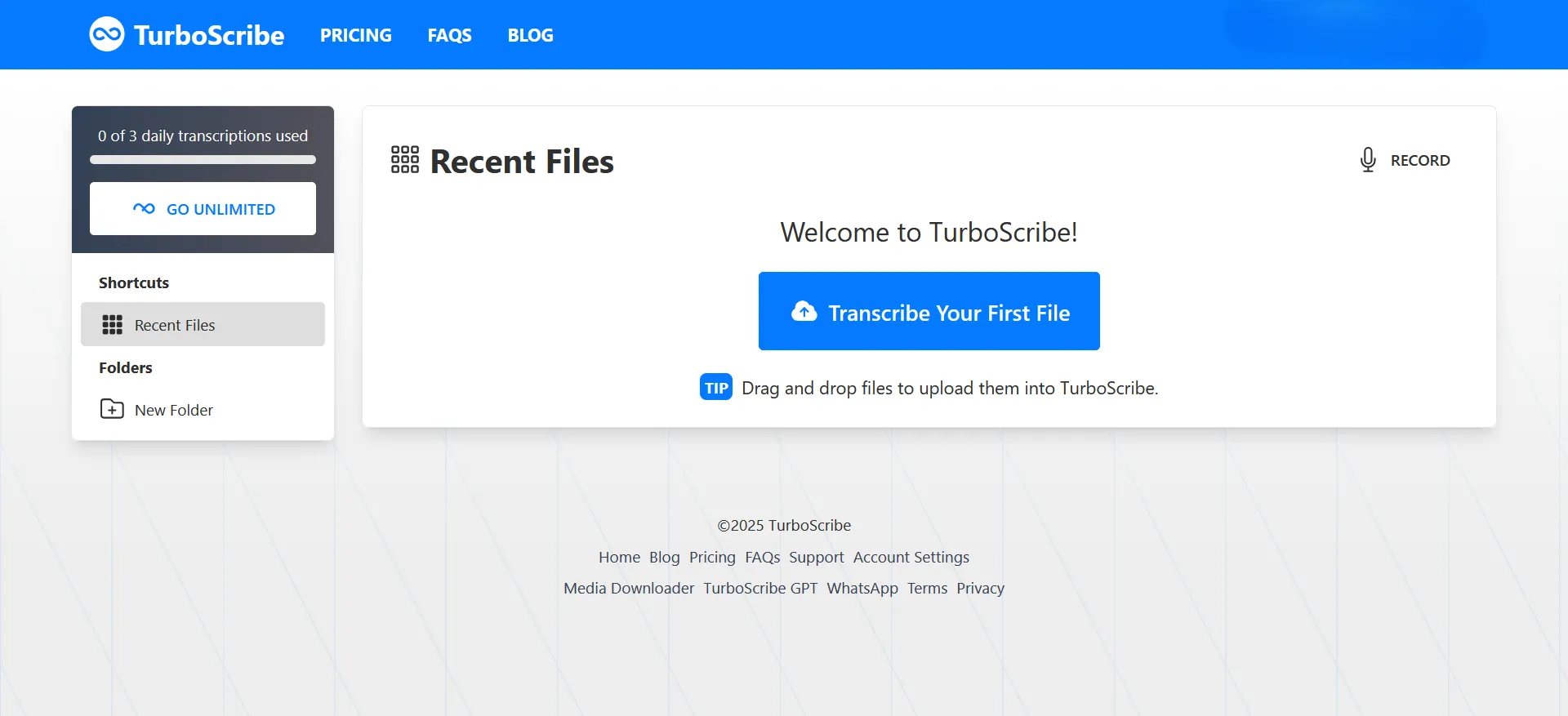 Giao diện trang chủ TurboScribe, một nền tảng phiên âm âm thanh trực tuyến.
