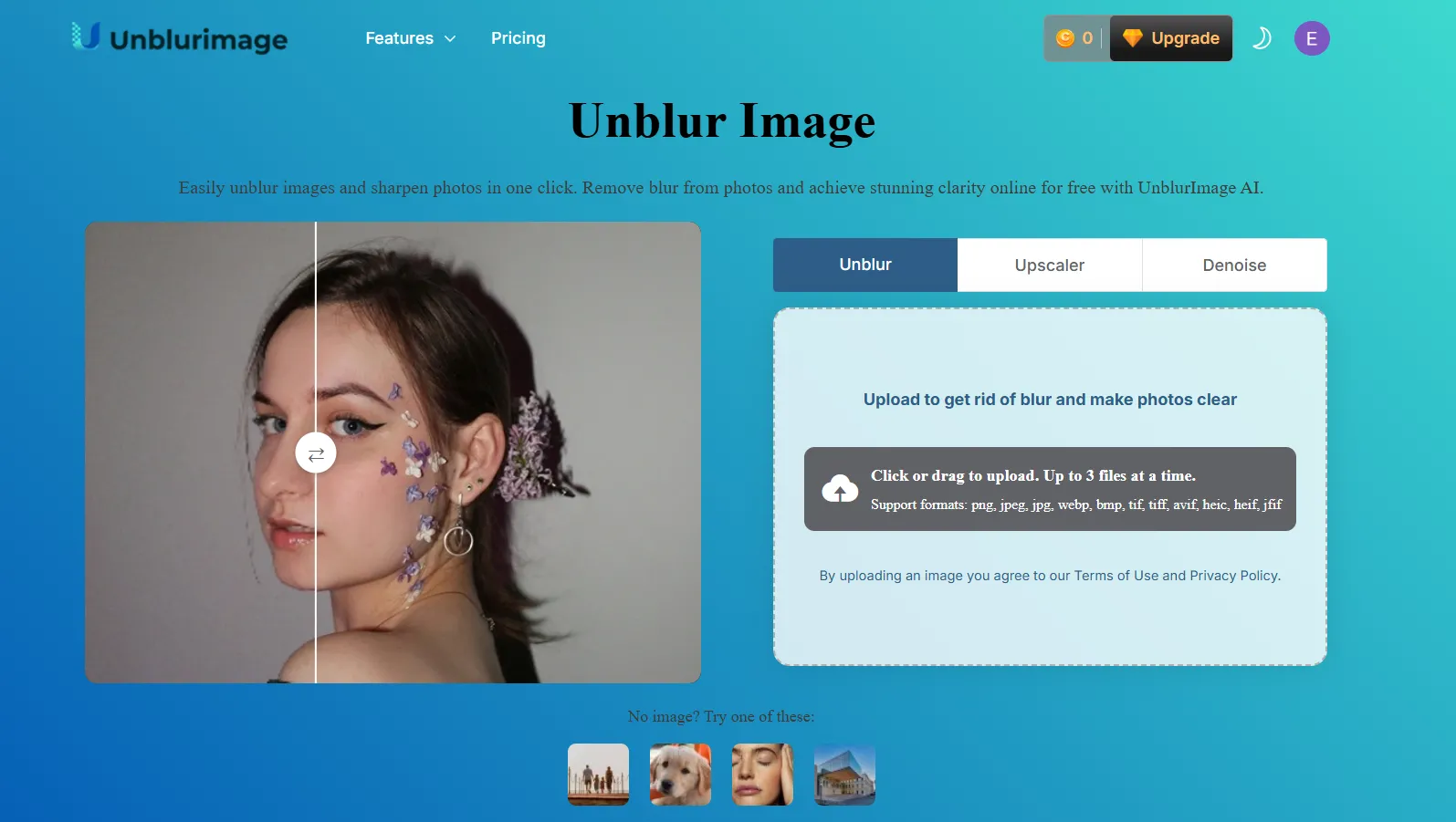 Giao diện trang chủ UnblurImage AI với tùy chọn tải ảnh
