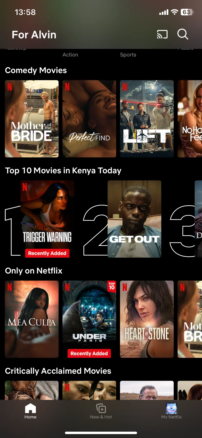Giao diện trang chủ ứng dụng Netflix trên iOS, hiển thị các bộ phim và chương trình truyền hình để giải trí khi du lịch