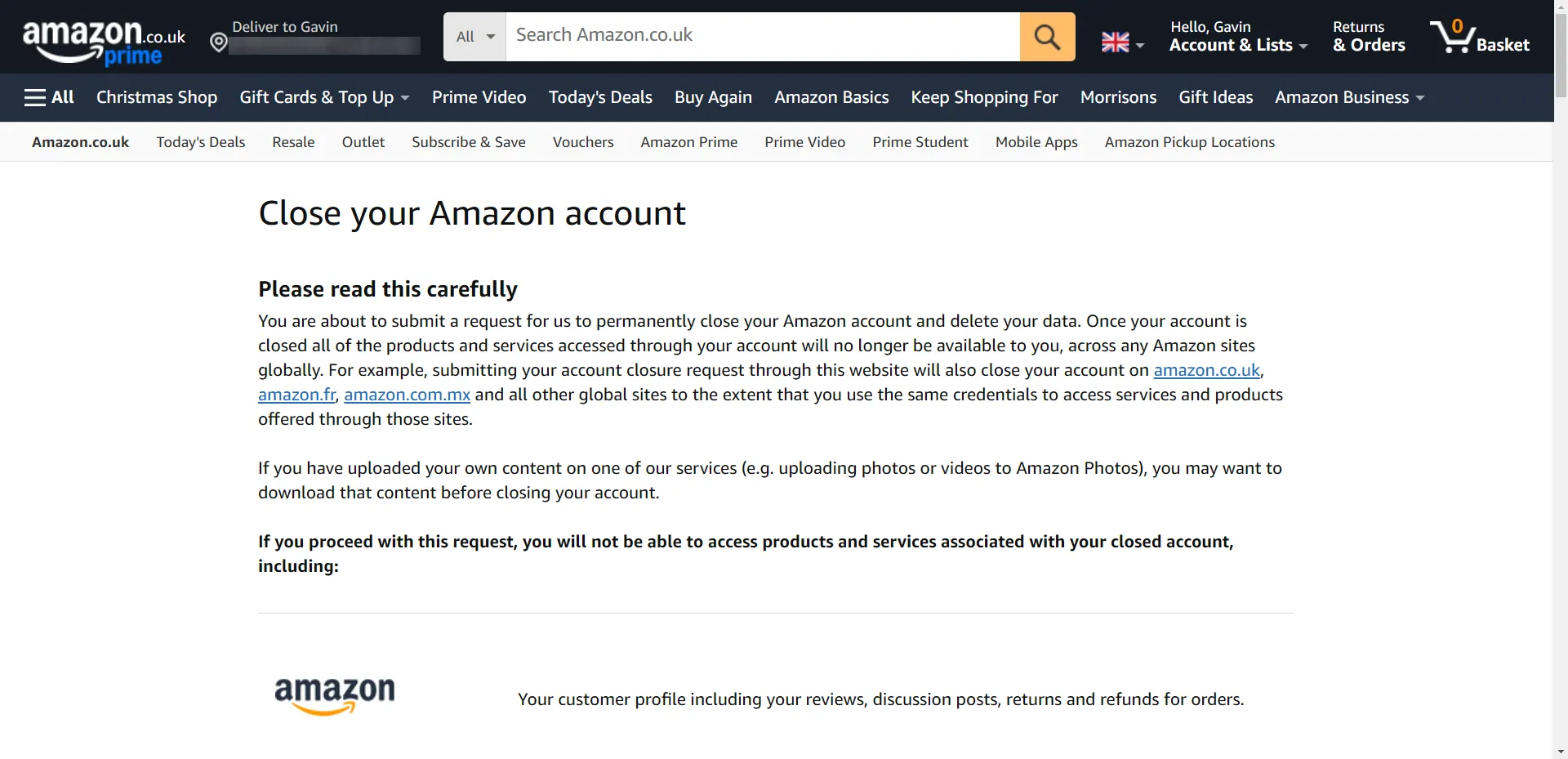 Giao diện trang đóng tài khoản Amazon, minh họa cách vô hiệu hóa email ảo để bảo vệ dữ liệu khi có rò rỉ.