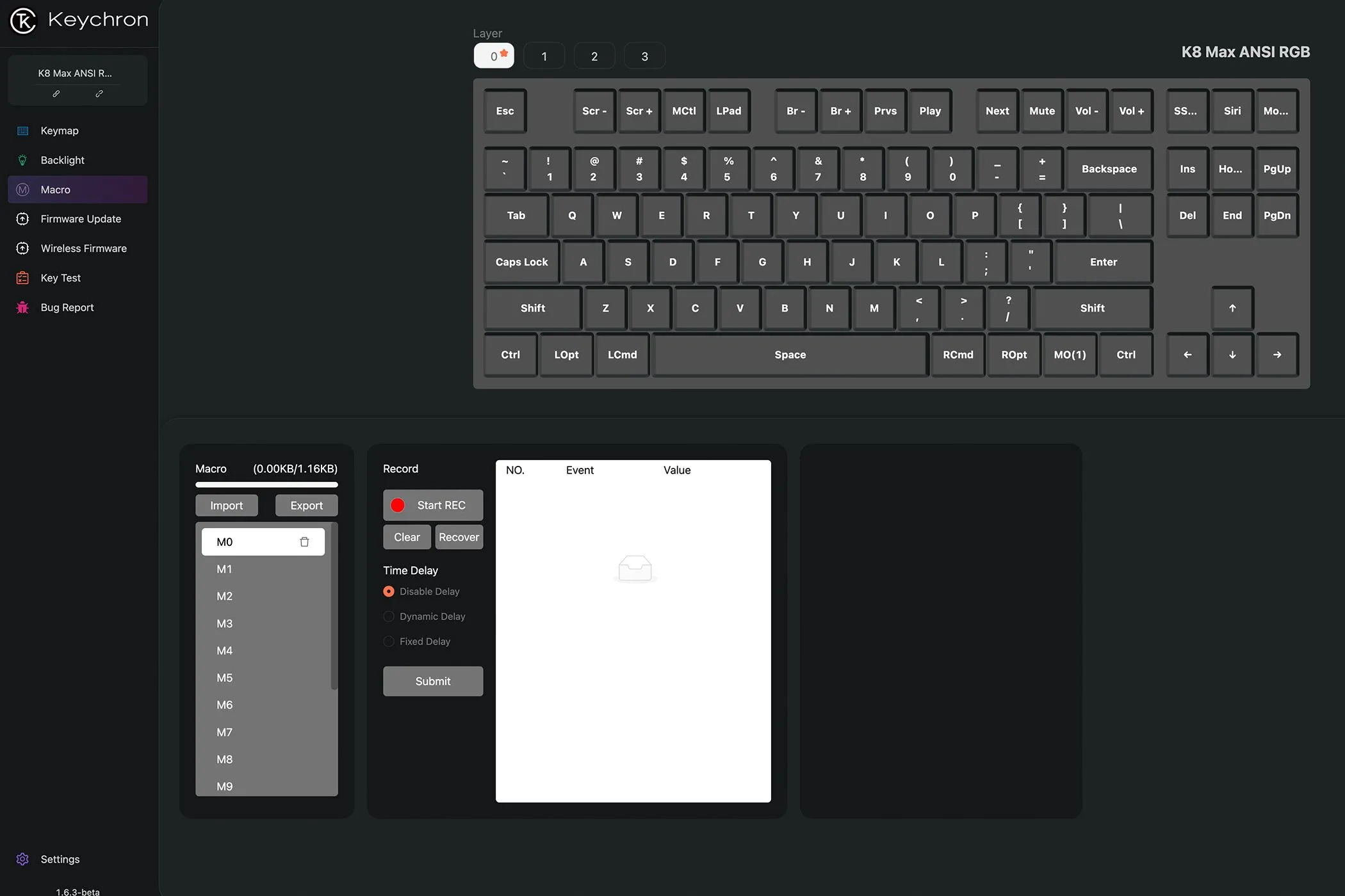 Giao diện trang macro của phần mềm Keychron Launcher, cho phép tùy chỉnh chức năng phím và macro.