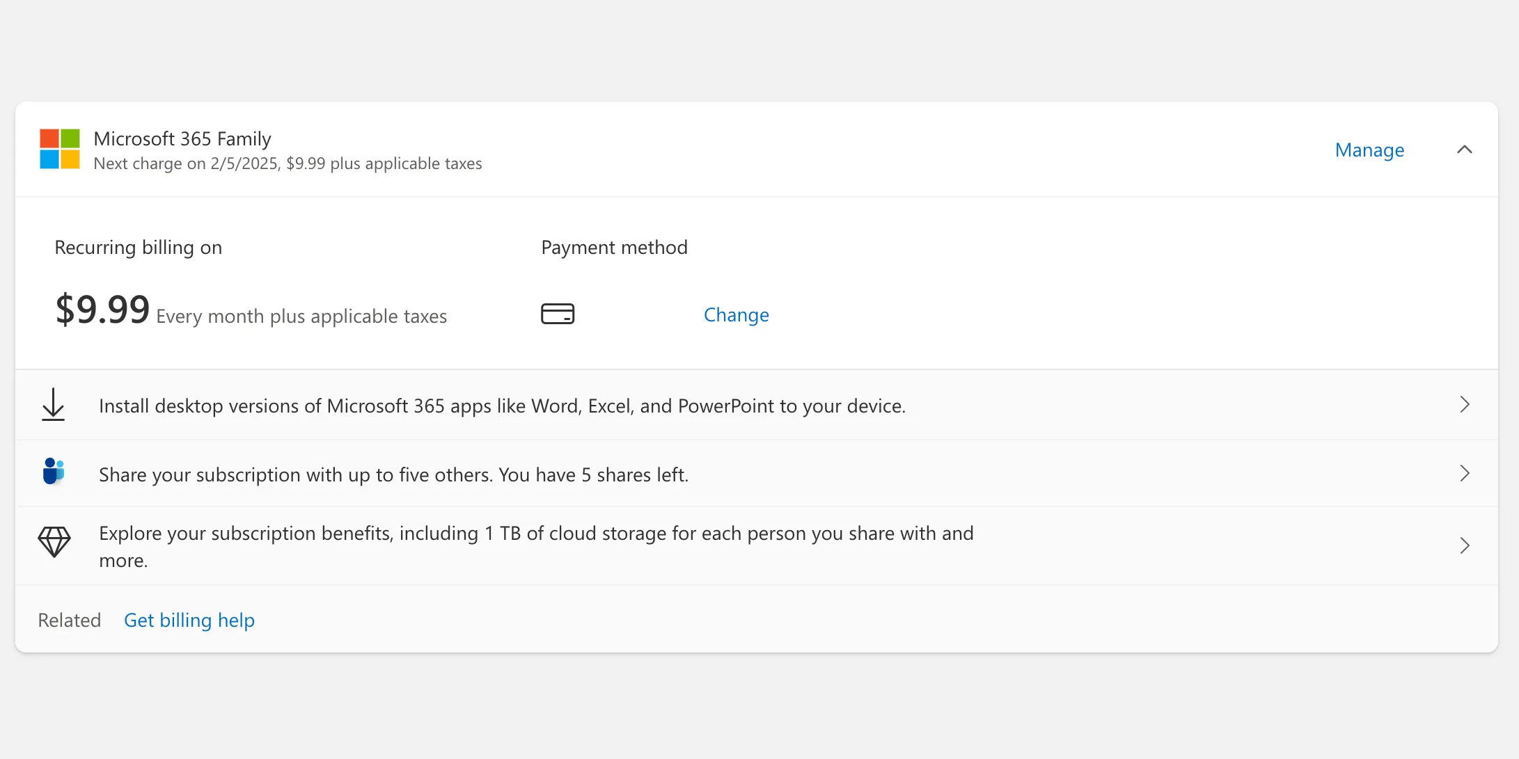 Giao diện trang quản lý đăng ký Microsoft 365 hiển thị gói Family và Personal