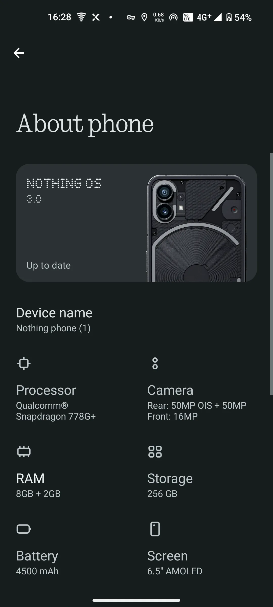 Giao diện trang thông tin điện thoại (About phone) trên Nothing Phone
