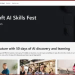 Giao diện trang web chính thức của sự kiện Microsoft AI Skills Fest 2025, hiển thị thông tin về các khóa học và sự kiện đào tạo trí tuệ nhân tạo miễn phí.