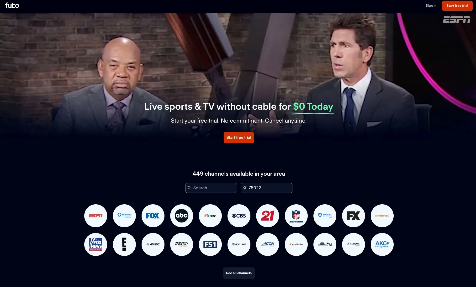 Giao diện trang web Fubo TV hiển thị thông tin về các gói dịch vụ và mức giá cập nhật