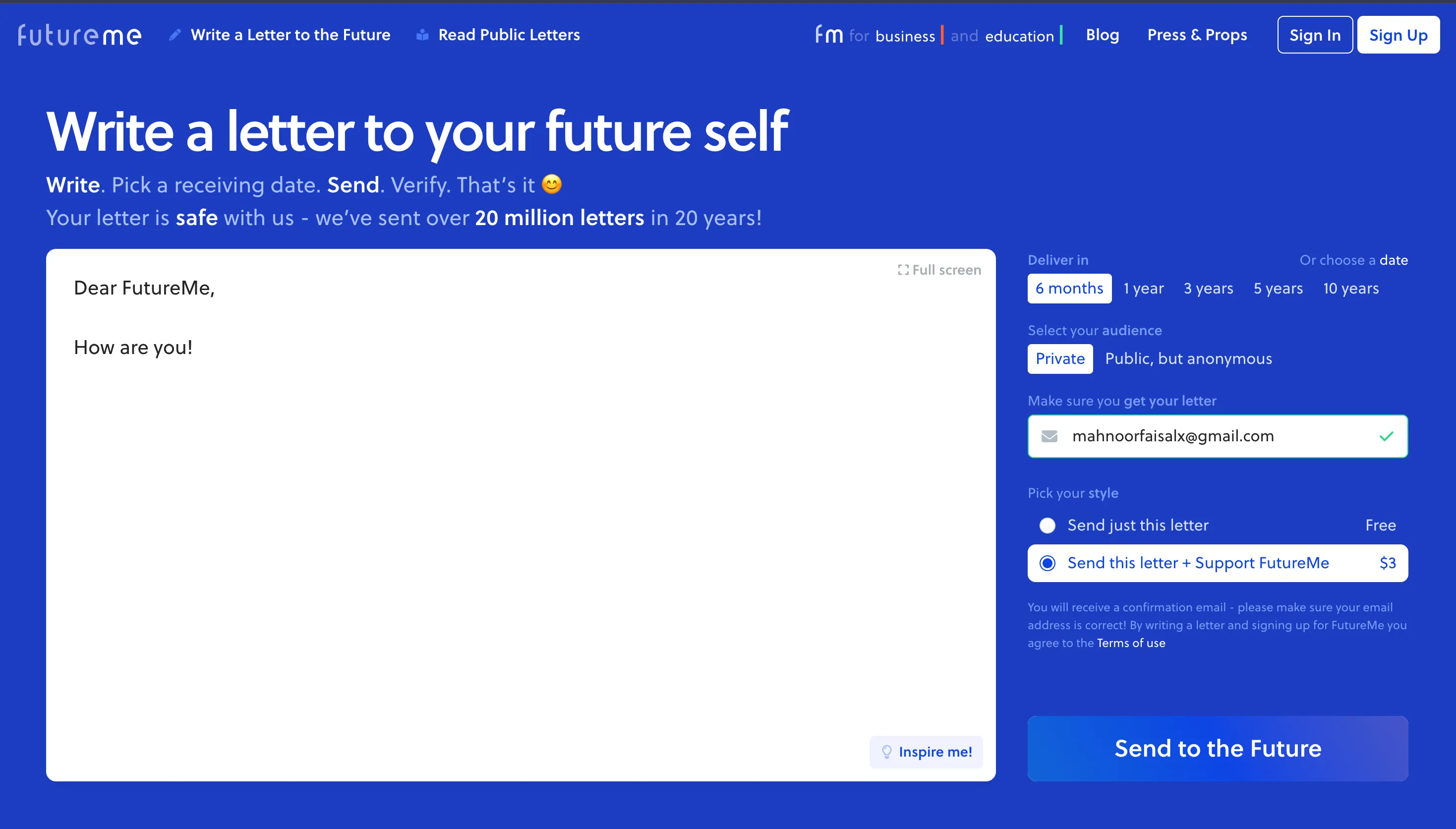 Giao diện trang web FutureMe hiển thị ô soạn thư 'Dear FutureMe' và các tùy chọn gửi thư