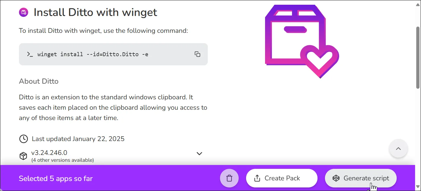 Giao diện trang web Winstall.app với các tùy chọn chọn ứng dụng và nút 'Generate Script' để tạo script cài đặt hàng loạt bằng WinGet.