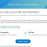 Giao diện trang xuất dữ liệu Skype, hiển thị tùy chọn tải xuống lịch sử trò chuyện và tệp tin