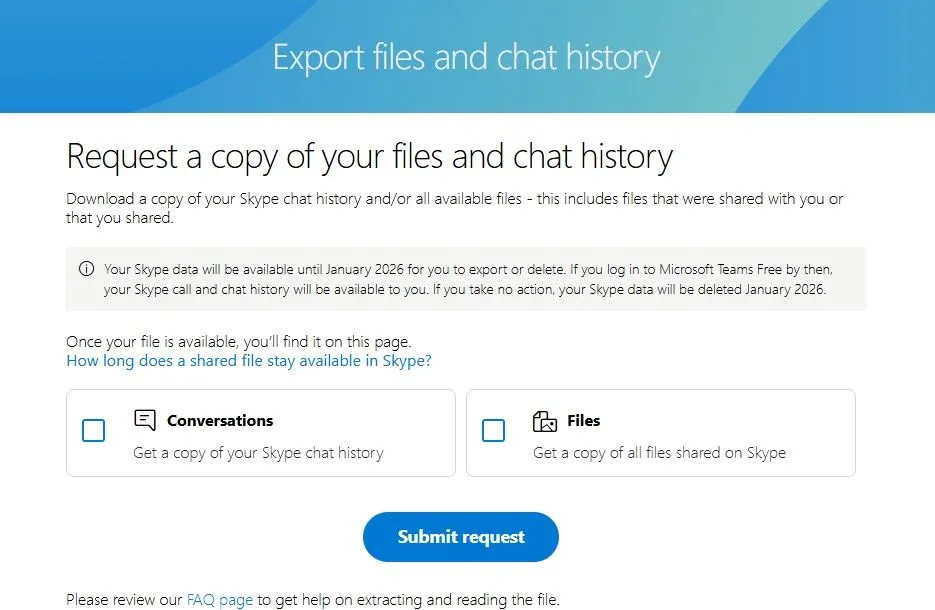 Giao diện trang xuất dữ liệu Skype, hiển thị tùy chọn tải xuống lịch sử trò chuyện và tệp tin