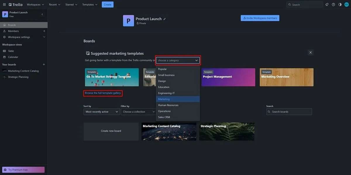 Giao diện Trello hiển thị cách tạo bảng mới từ mẫu có sẵn, minh họa việc tổ chức công việc hiệu quả.