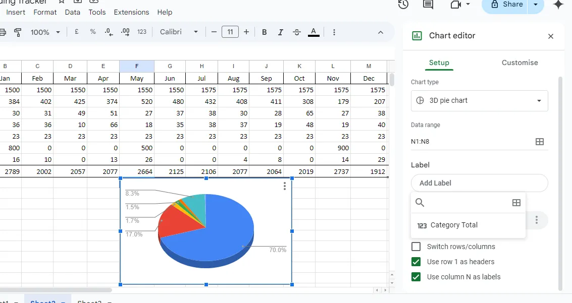 Giao diện trình chỉnh sửa biểu đồ trong Google Sheets