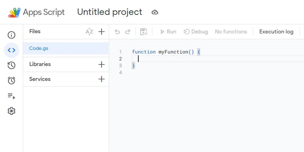 Giao diện trình chỉnh sửa Google Apps Script hiển thị không gian viết mã và các chức năng quản lý dự án.