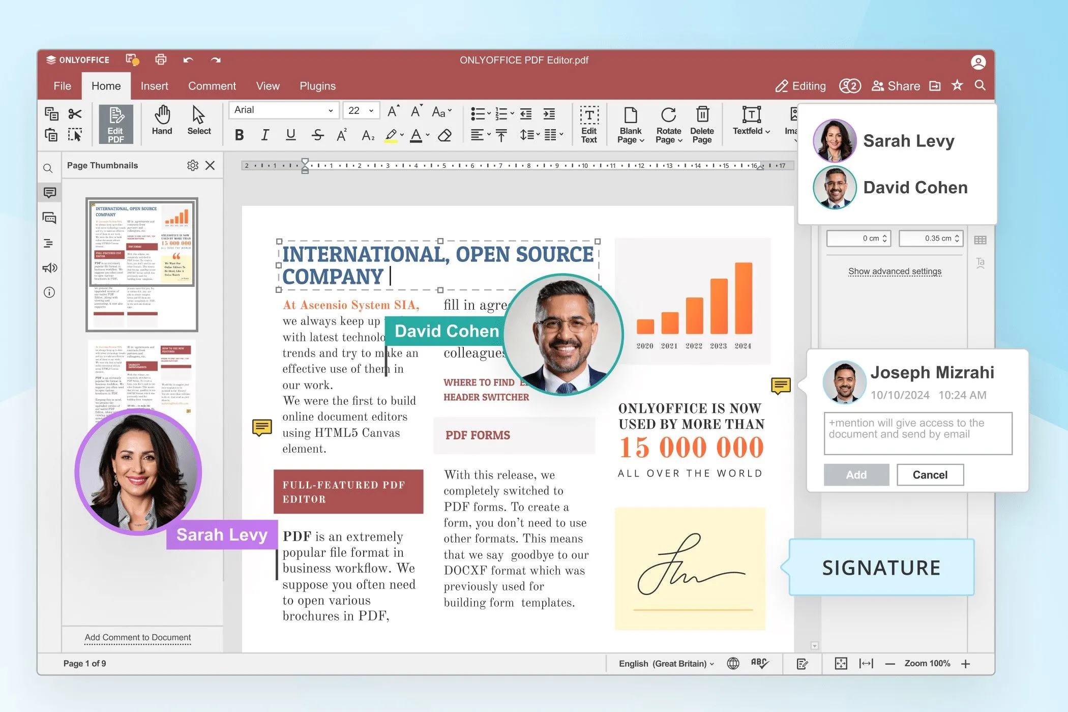 Giao diện trình chỉnh sửa PDF trong OnlyOffice, bộ ứng dụng văn phòng mã nguồn mở, với các công cụ chỉnh sửa tài liệu.