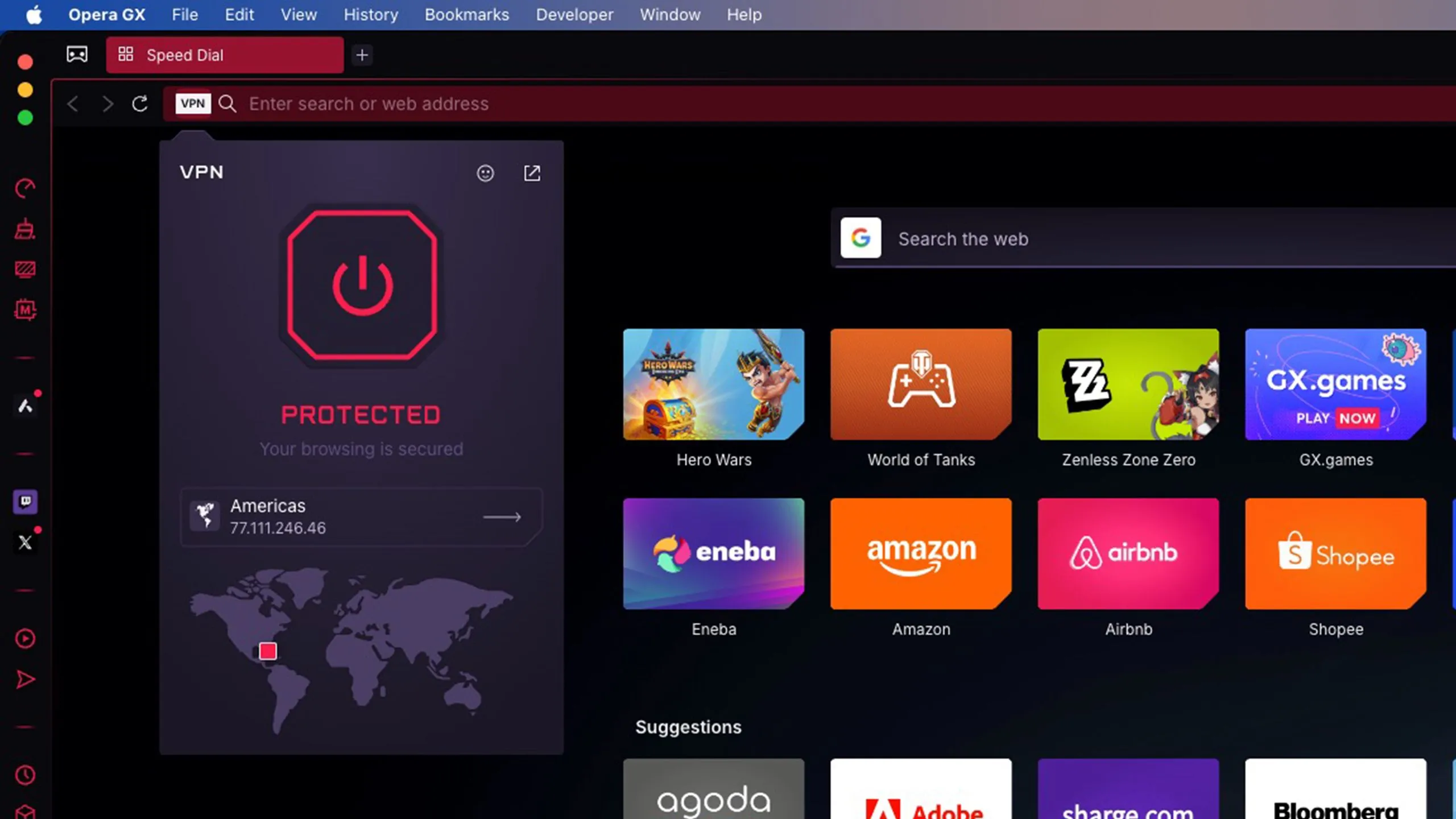 Giao diện trình duyệt Opera GX với tính năng VPN tích hợp đang được bật để bảo vệ quyền riêng tư và vượt qua bóp băng thông.