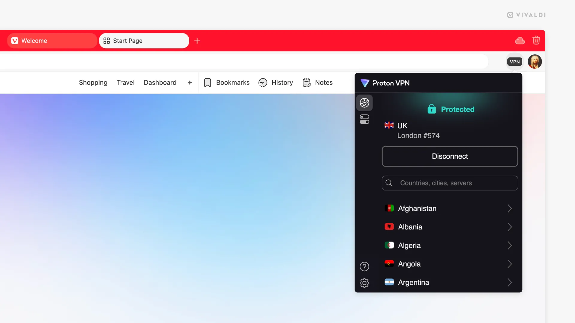 Giao diện trình duyệt Vivaldi hiển thị cách kết nối và bật Proton VPN tích hợp.