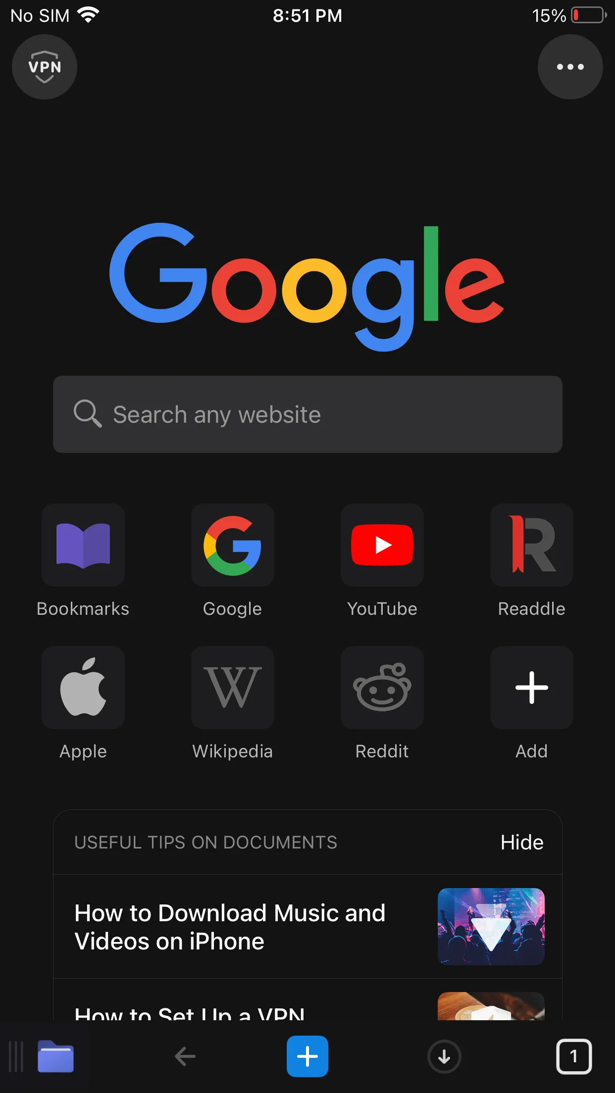 Giao diện trình duyệt web tích hợp trong ứng dụng Documents trên iPhone.