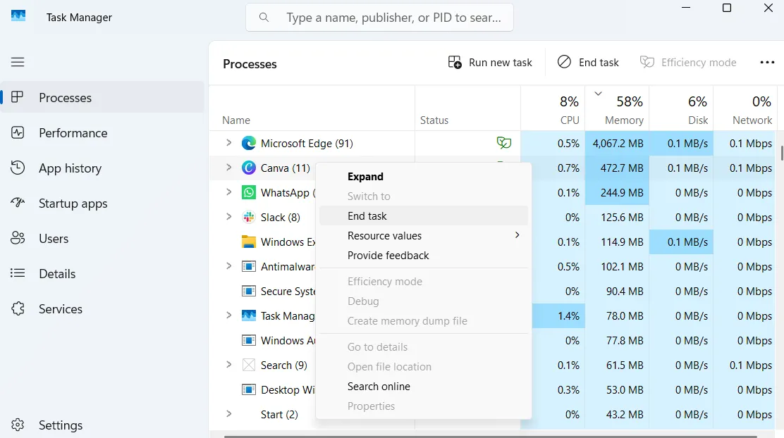 Giao diện Trình quản lý tác vụ (Task Manager) của Windows, hiển thị tùy chọn &quot;End task&quot; để đóng ứng dụng Canva bị đơ.