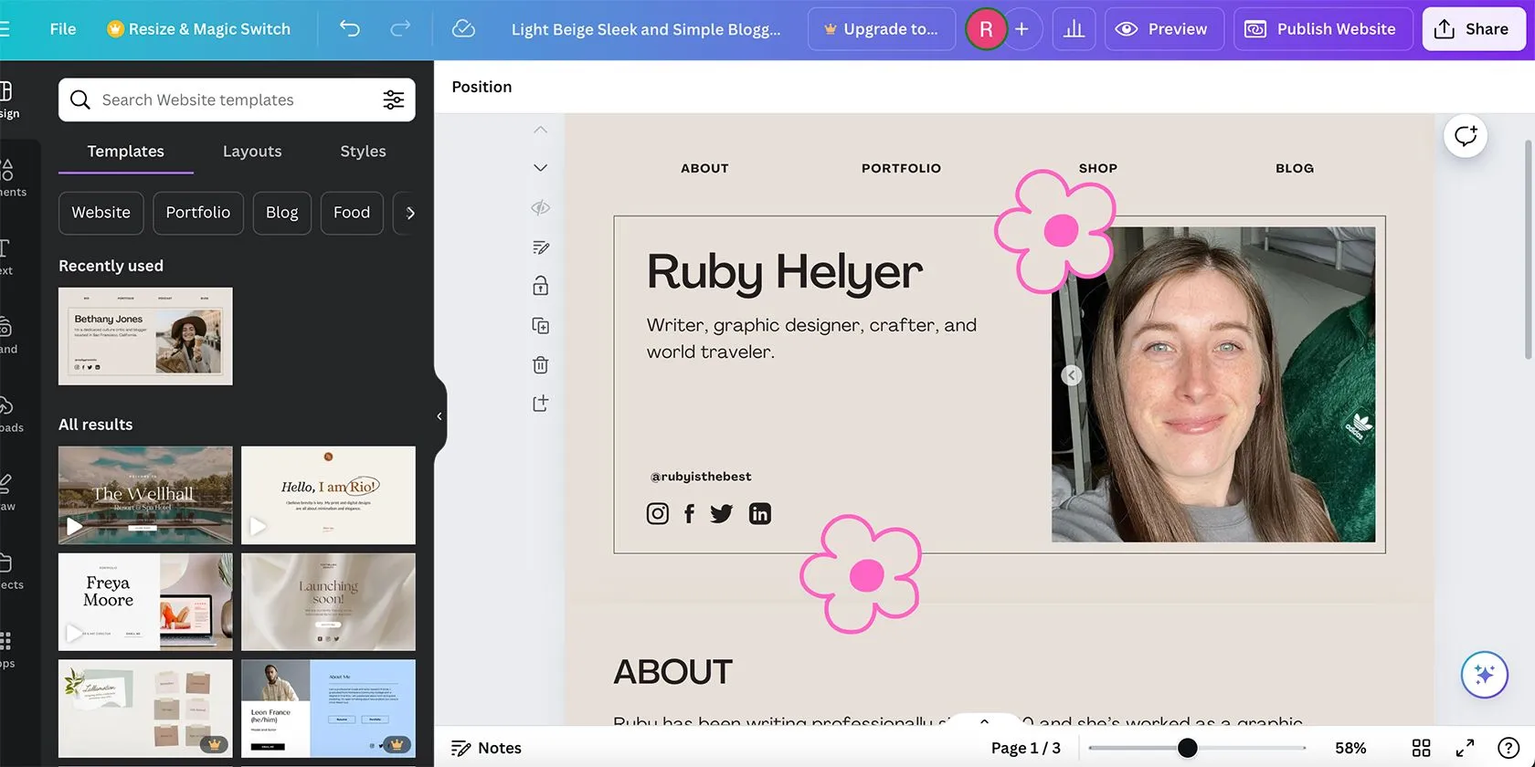 Giao diện trình tạo website kéo thả của Canva với các tùy chọn công cụ và thiết kế