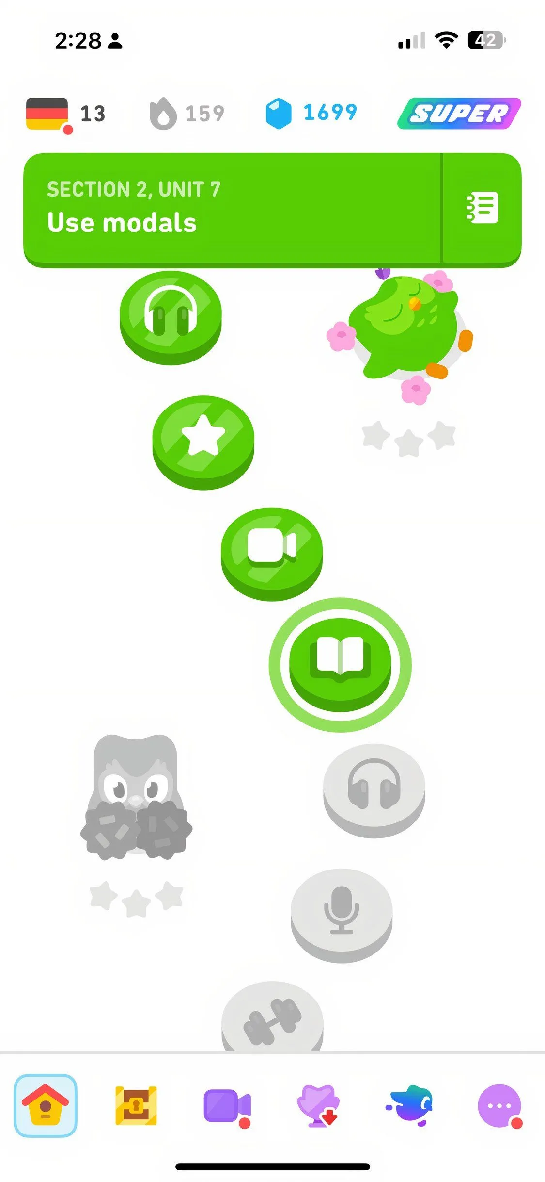 Giao diện trò chơi học ngôn ngữ trên ứng dụng Duolingo