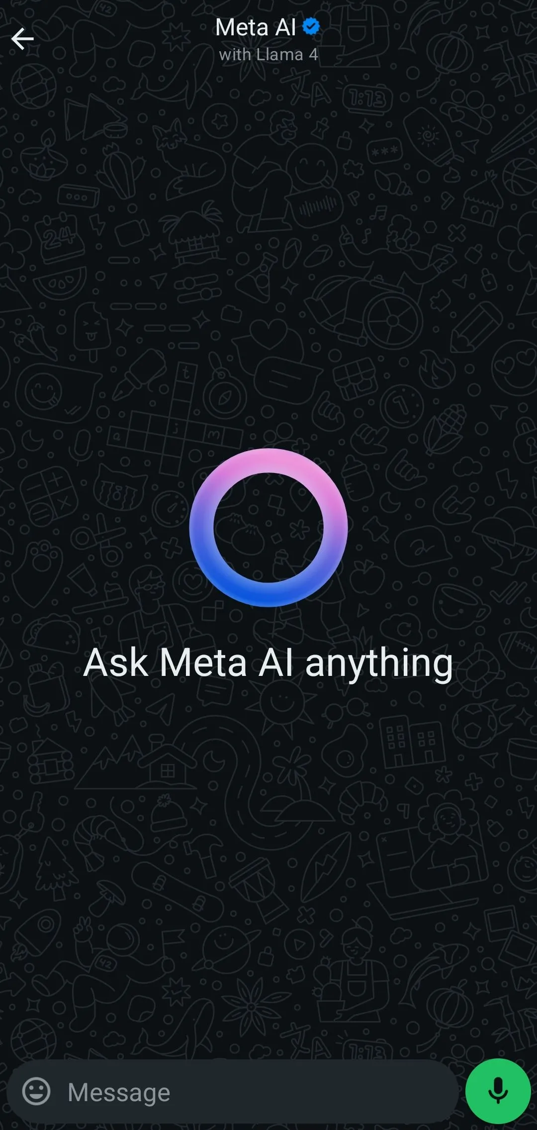 Giao diện trò chuyện Meta AI trống trong ứng dụng WhatsApp, minh họa sự xuất hiện của nút AI.