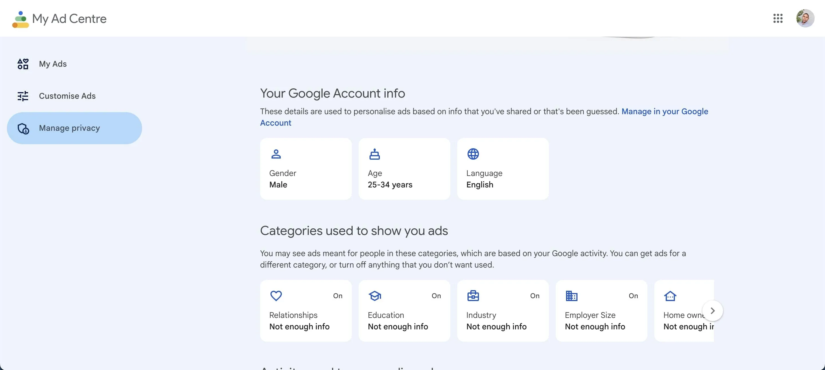 Giao diện trung tâm quảng cáo Google (Ad Center) hiển thị tùy chọn cá nhân hóa và quản lý dữ liệu quảng cáo