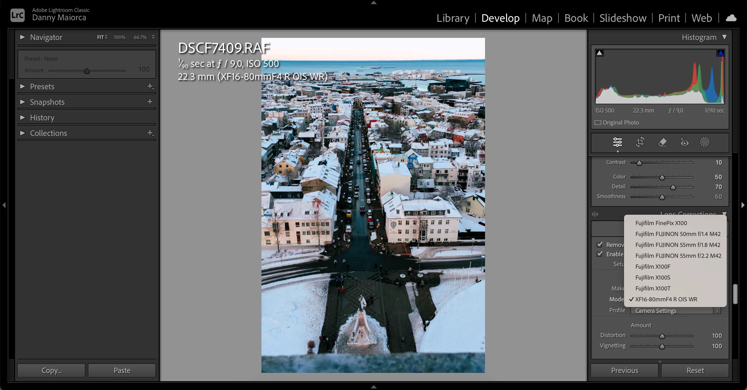 Giao diện tùy chỉnh hồ sơ ống kính (Lens Profile) trong Adobe Lightroom, giúp khắc phục méo ảnh và quang sai.