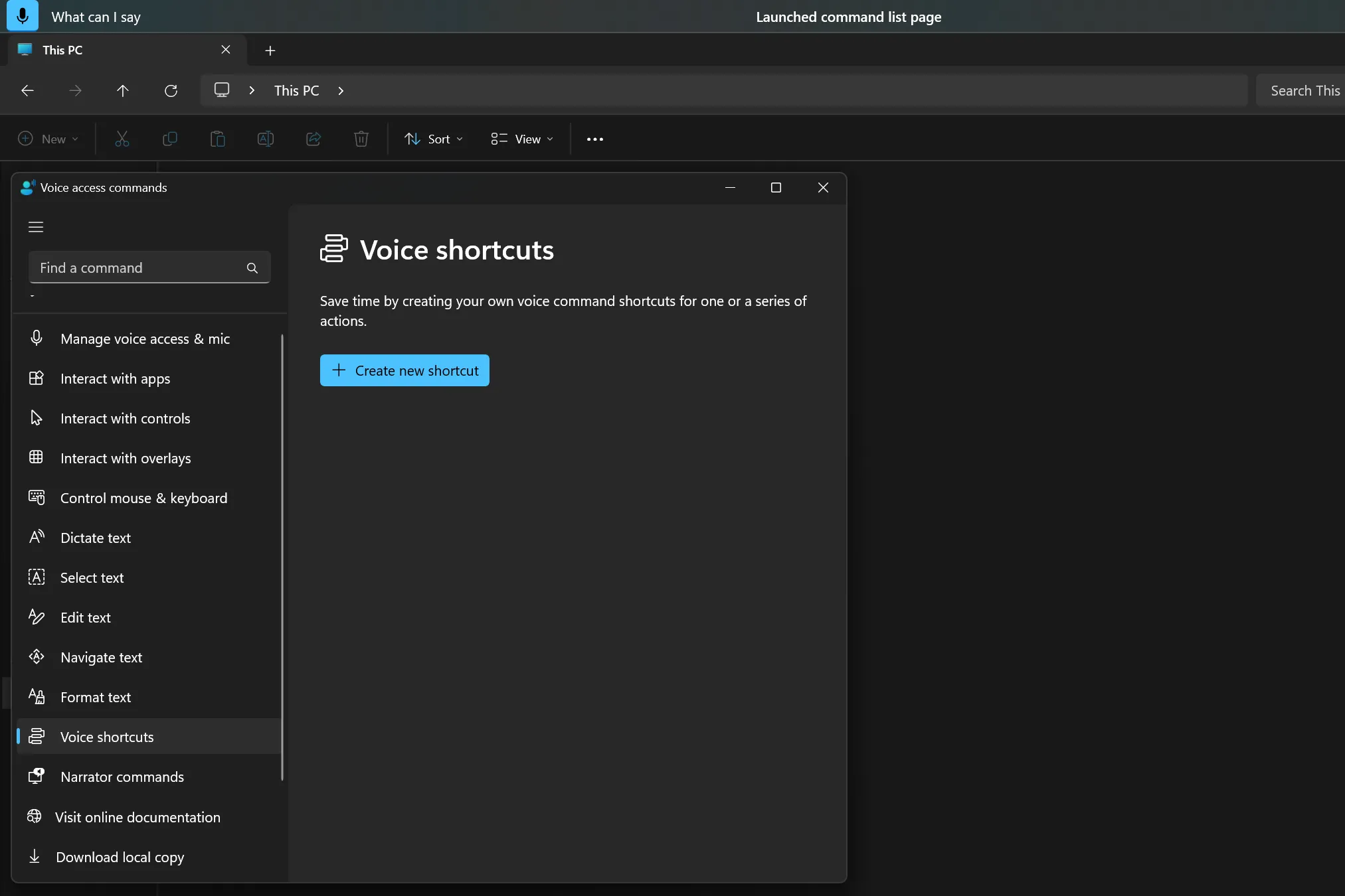 Giao diện tùy chỉnh lối tắt giọng nói trong cài đặt Voice Access của Windows 11.