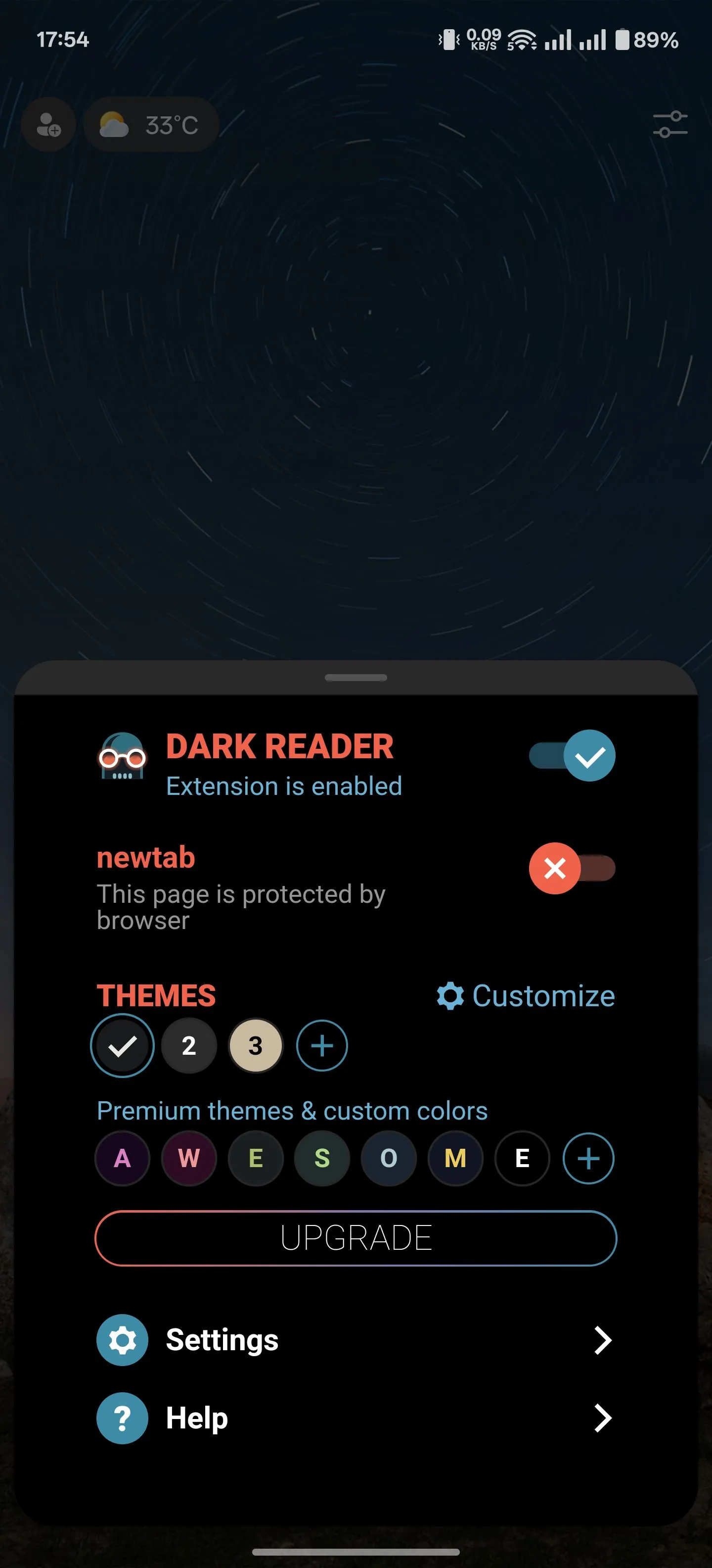 Giao diện tùy chỉnh tiện ích Dark Reader trên Edge Android với các cài đặt chủ đề tối và chế độ xem
