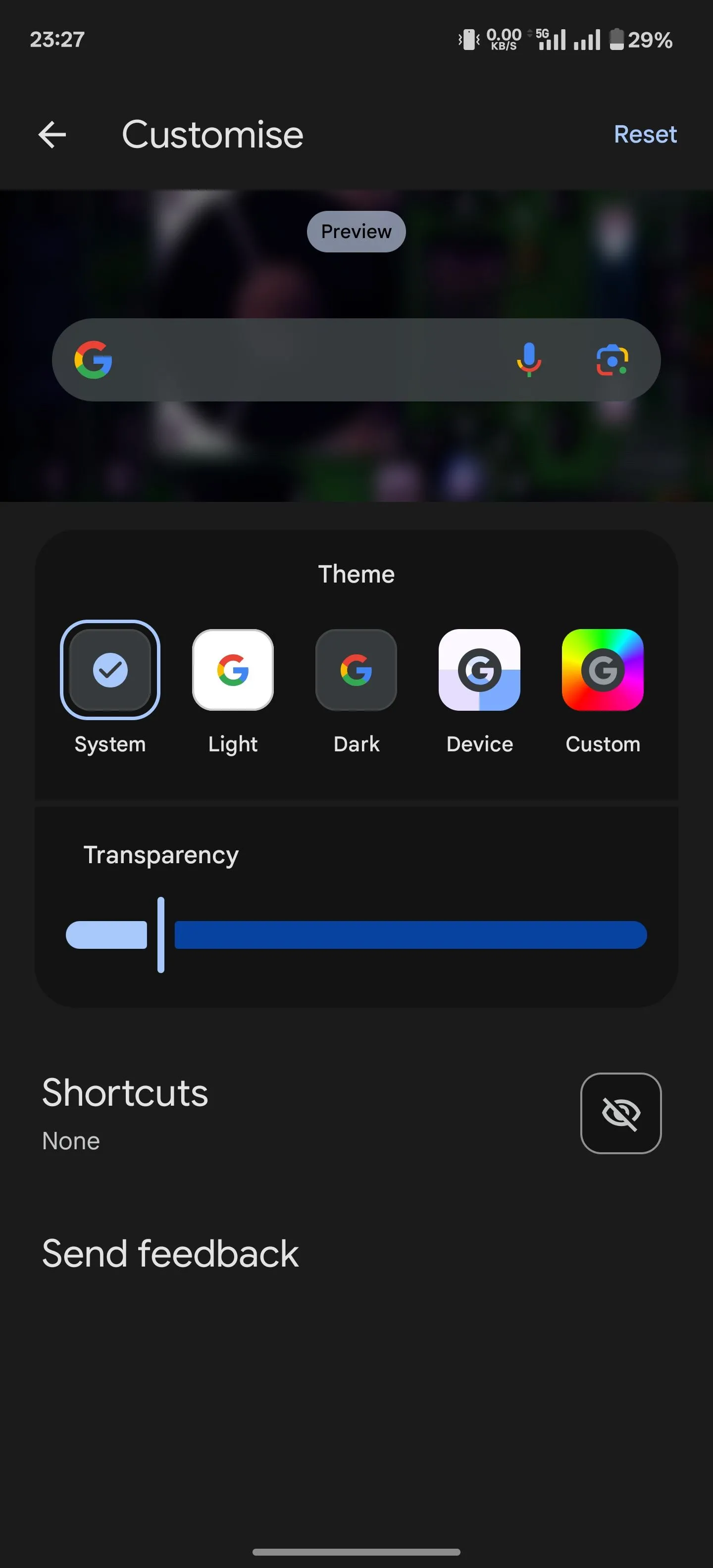 Giao diện tùy chỉnh widget tìm kiếm Google trong ứng dụng Google, hiển thị các tùy chọn phím tắt