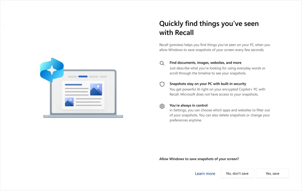 Giao diện tùy chọn của tính năng Microsoft Recall, hiển thị các cài đặt bảo mật và quyền riêng tư