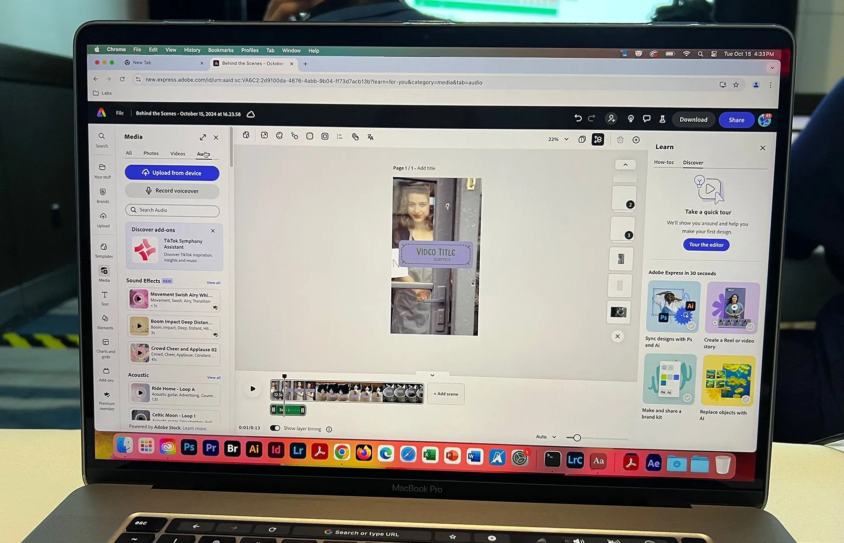 Giao diện ứng dụng Adobe Express hiển thị các công cụ chỉnh sửa video, nổi bật khả năng xóa nền và chèn hiệu ứng, phù hợp tạo video cho mạng xã hội.