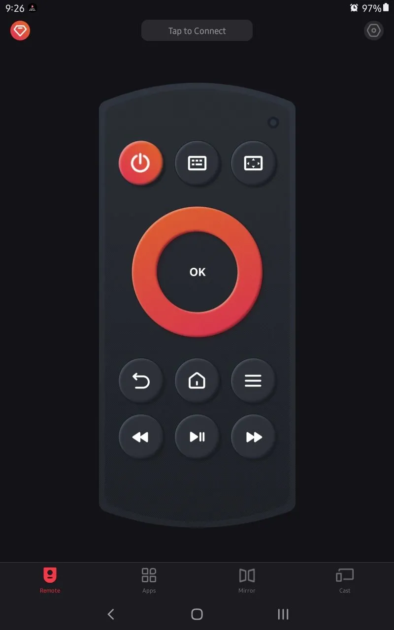 Giao diện ứng dụng Amazon Fire TV Remote trên điện thoại thông minh, hiển thị các nút điều khiển và bàn di chuột ảo.