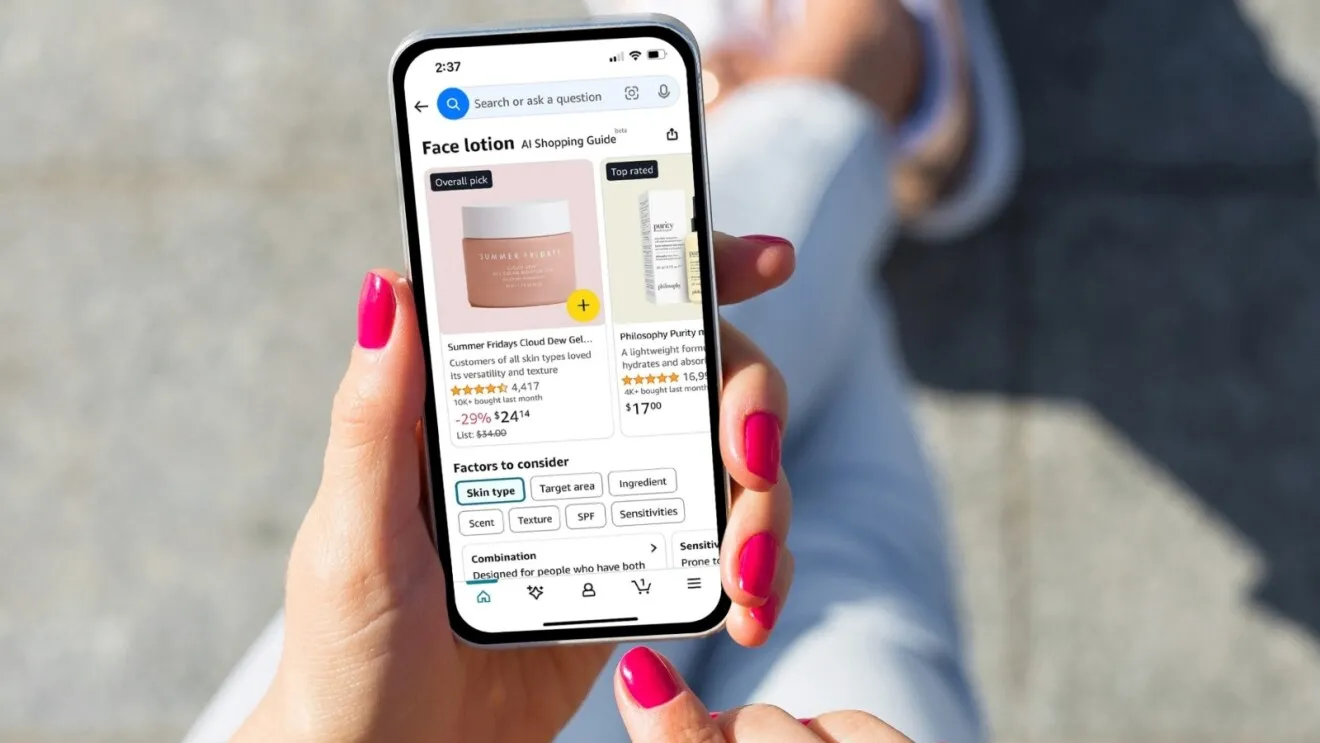 Giao diện ứng dụng Amazon minh họa tính năng Hướng dẫn Mua sắm (Shopping Guides) được hỗ trợ bởi AI.